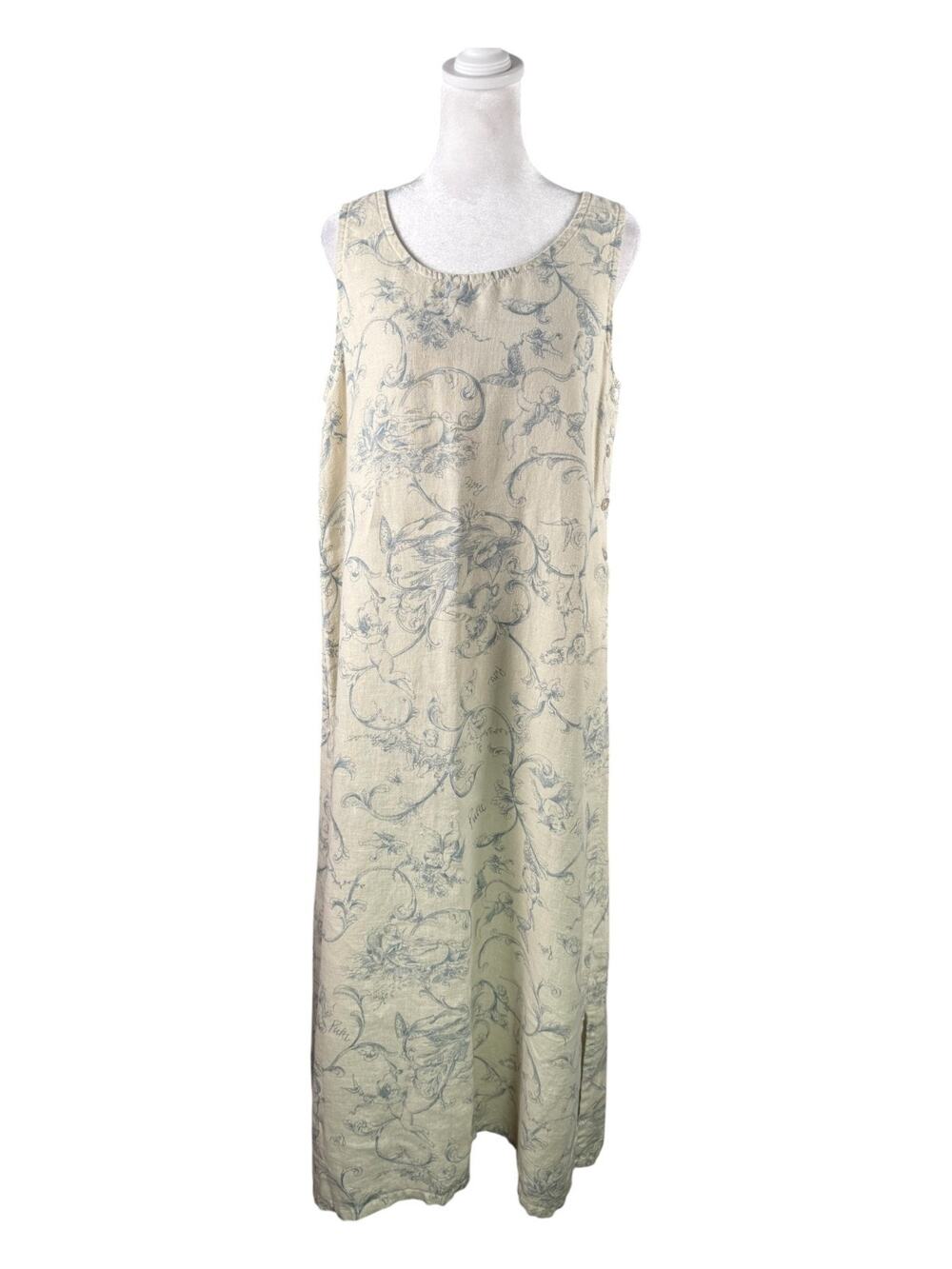 Vintage Sweet Jessie M 100% Linen Sleeveless Shift Maxi Dress Cream Blue Cherubs
